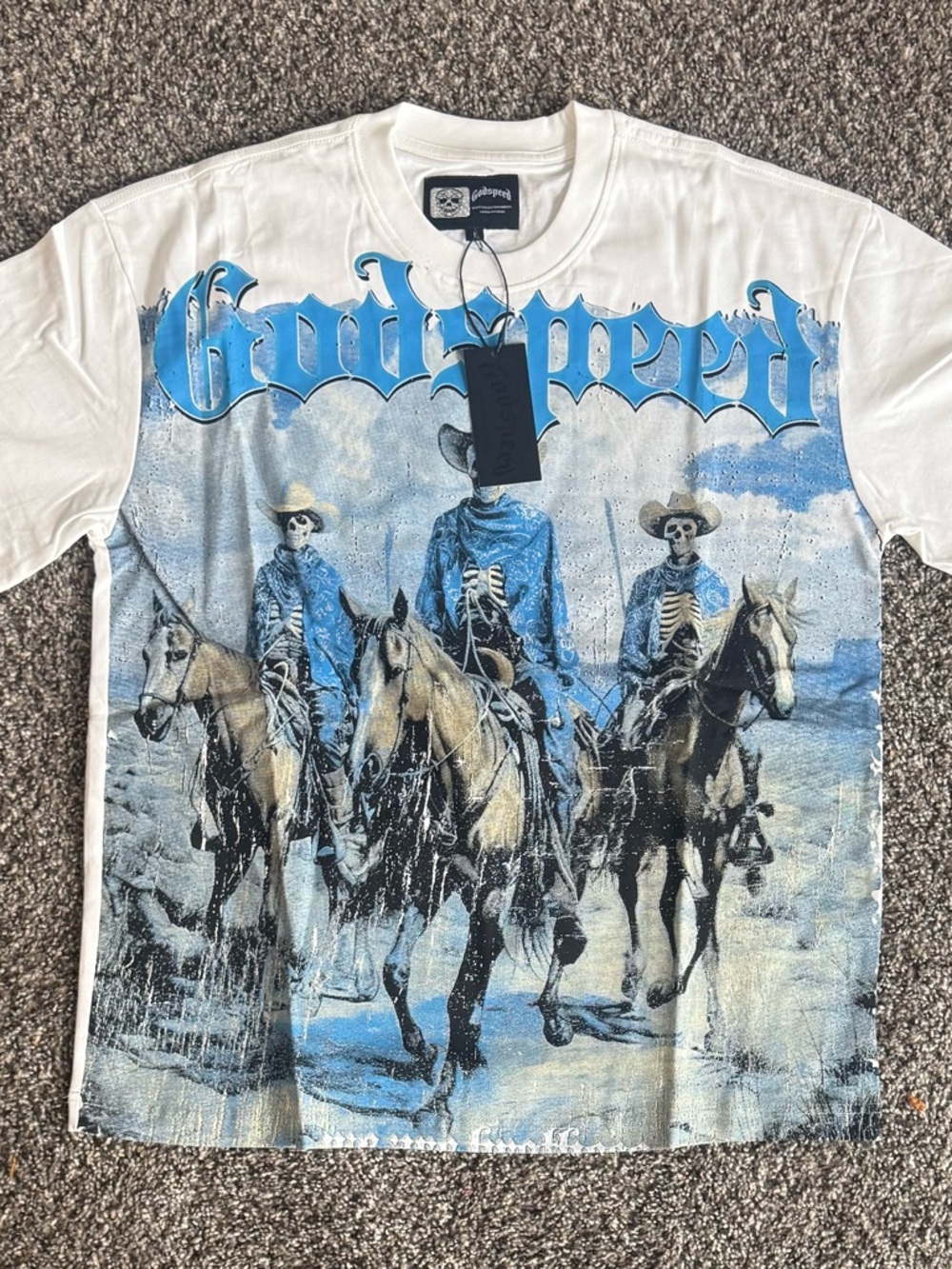 Goodspeed White & Blue Graphic Dress Shirt - Cowboy Skeleton Print